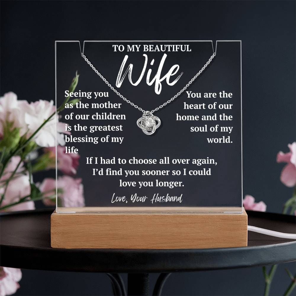 To My Wife 14k white gold Love Knot necklace with white LED acrylic plaque.