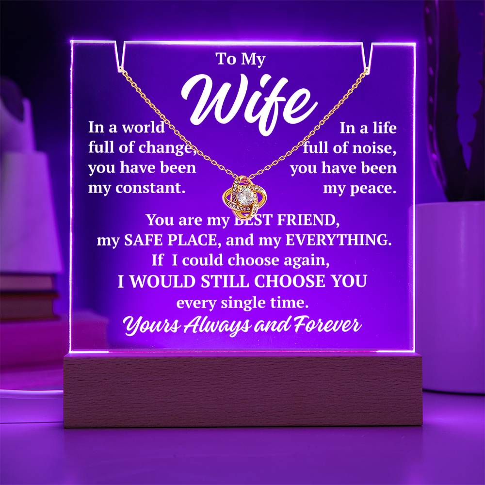 to my wife purple acrylic plaque led light with yellow gold love knot necklace romantic gift