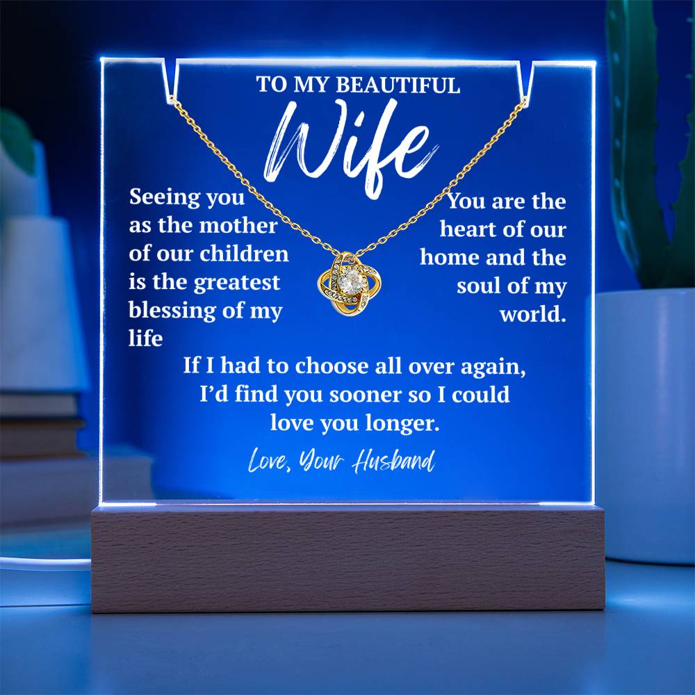 To My Wife 18k yellow gold Love Knot necklace with blue LED acrylic plaque.