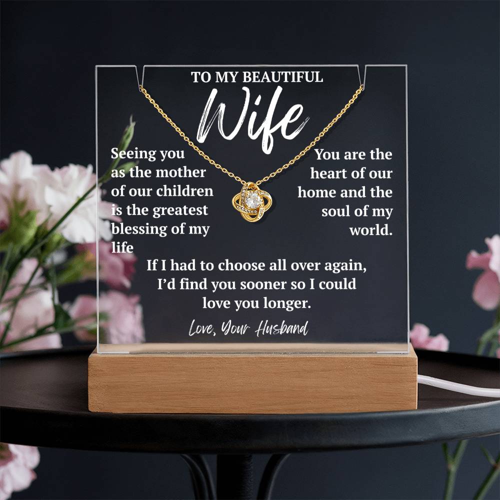 To My Wife 18k yellow gold Love Knot necklace with white LED acrylic plaque.