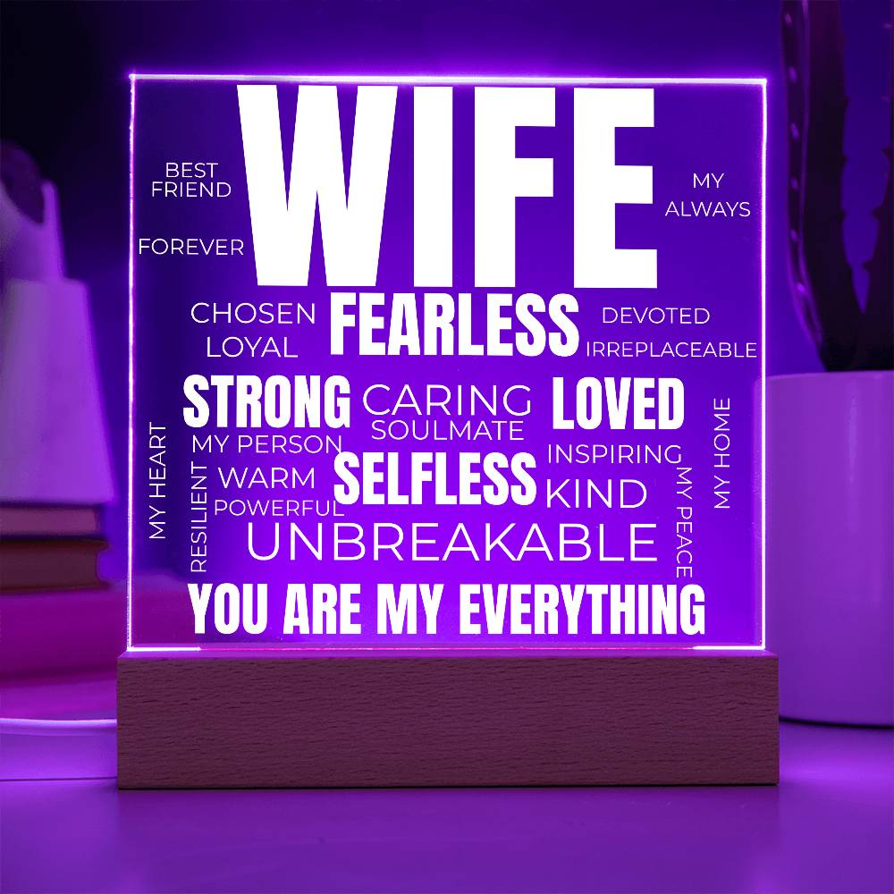 to my wife acrylic plaque with purple led light featuring words like fearless strong loved unbreakable and the message you are my everything
