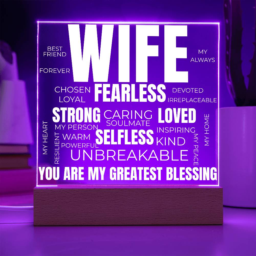 to my wife acrylic plaque with purple led light featuring words like fearless strong loved unbreakable and the message you are my greatest blessing
