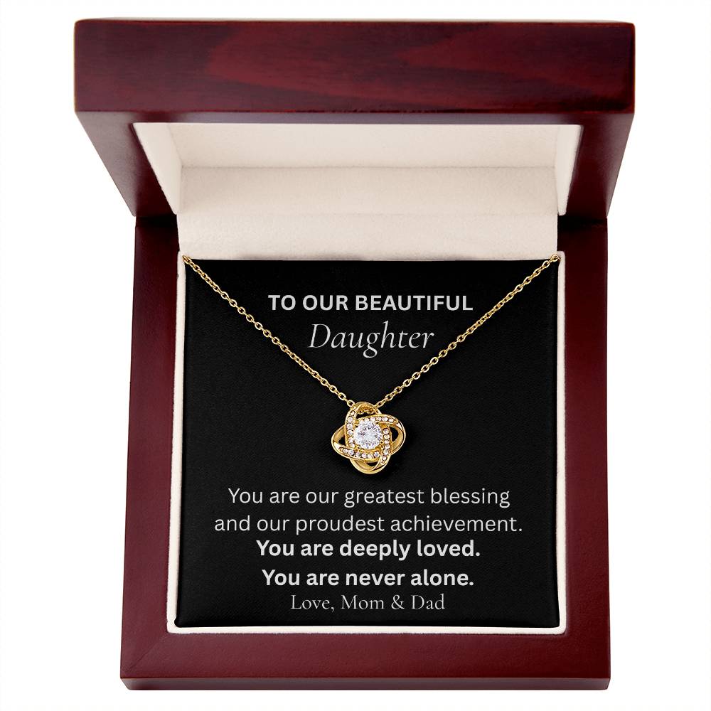 Alternate view of Love Knot necklace for daughter from mom and dad in keepsake box
