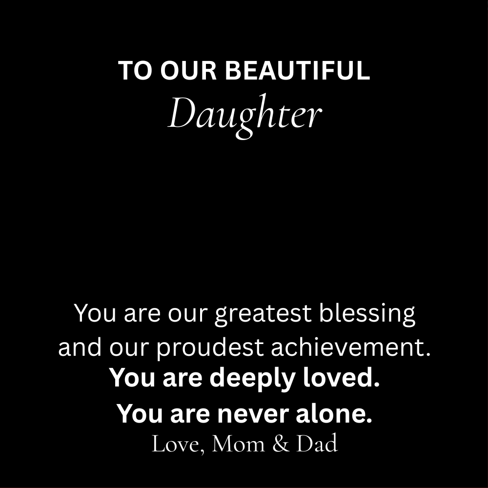 Alluring Beauty Necklace with message card reading “To Our Beautiful Daughter, you are deeply loved,” luxury gift from Mom and Dad