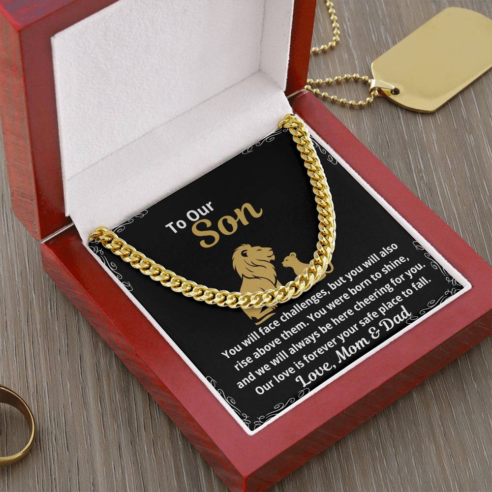 Cuban Link Chain gift for son presented in mahogany style box with inspirational message from Mom and Dad