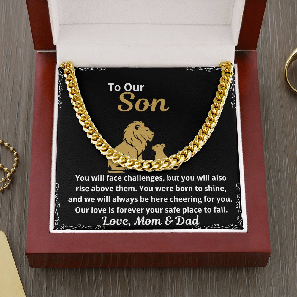 To Our Son Cuban Link Chain necklace displayed in luxury mahogany box with heartfelt message from Mom and Dad expressing pride love and guidance