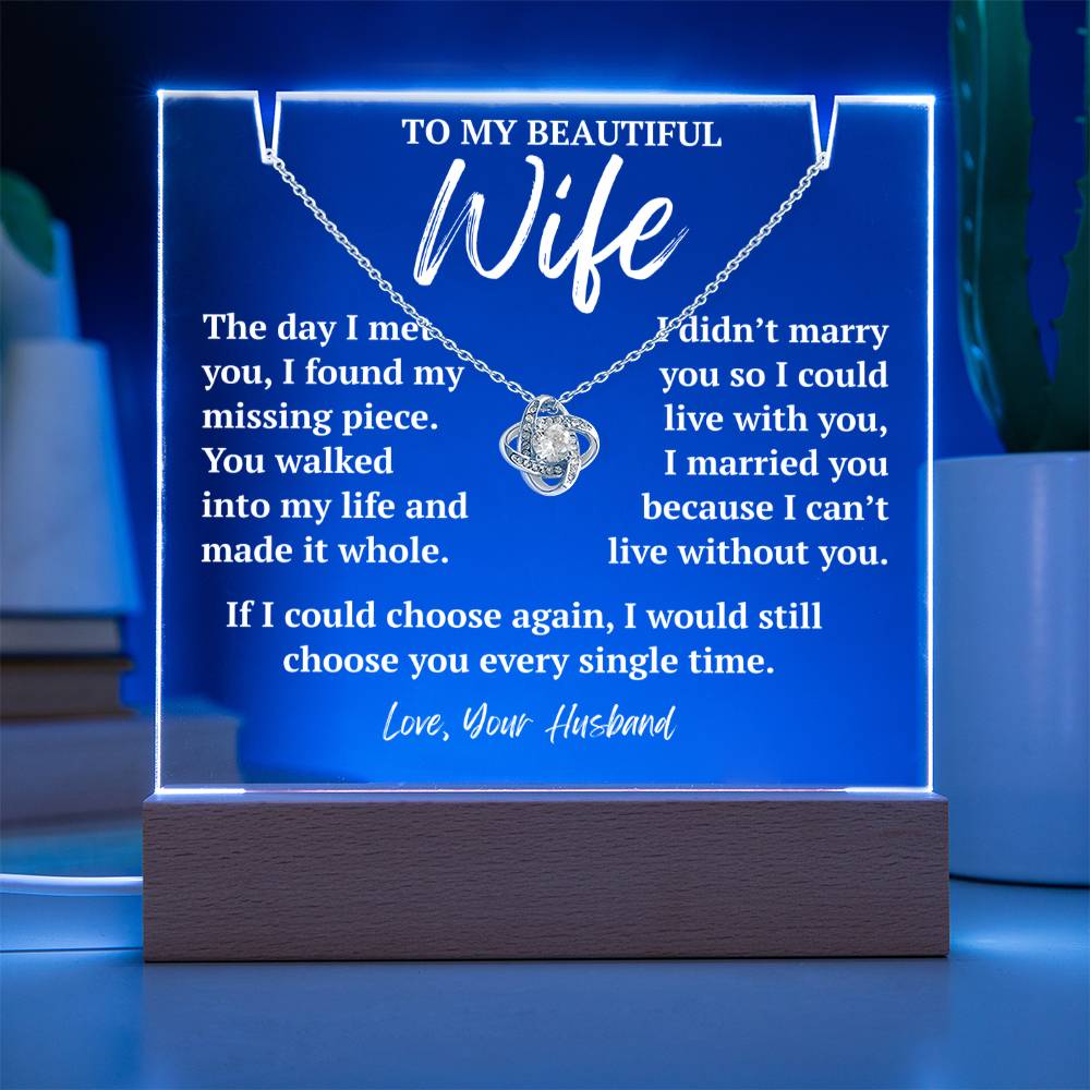 To My Amazing Wife 14k white gold Love Knot necklace with blue LED acrylic plaque.