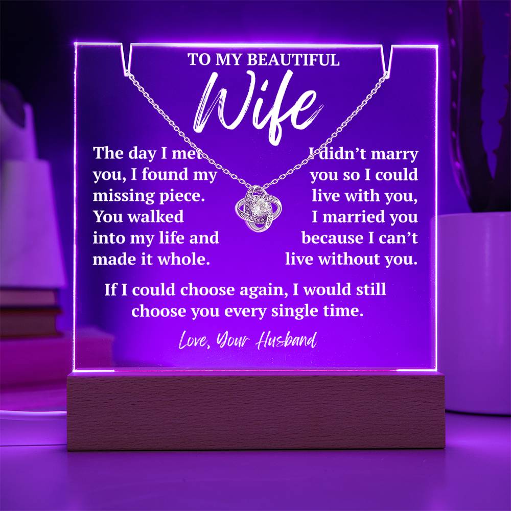 To My Amazing Wife 14k white gold Love Knot necklace with purple LED acrylic plaque.