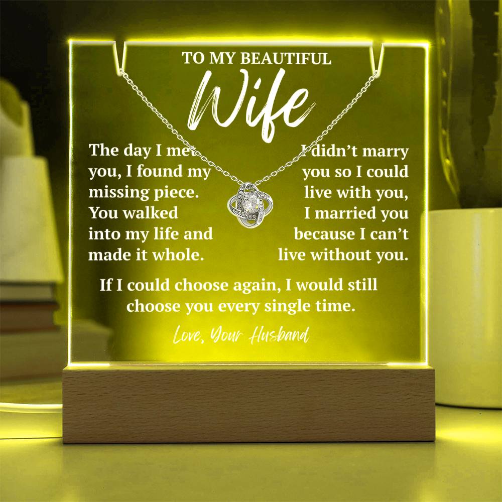 To My Amazing Wife 14k white gold Love Knot necklace with warm yellow LED acrylic plaque.