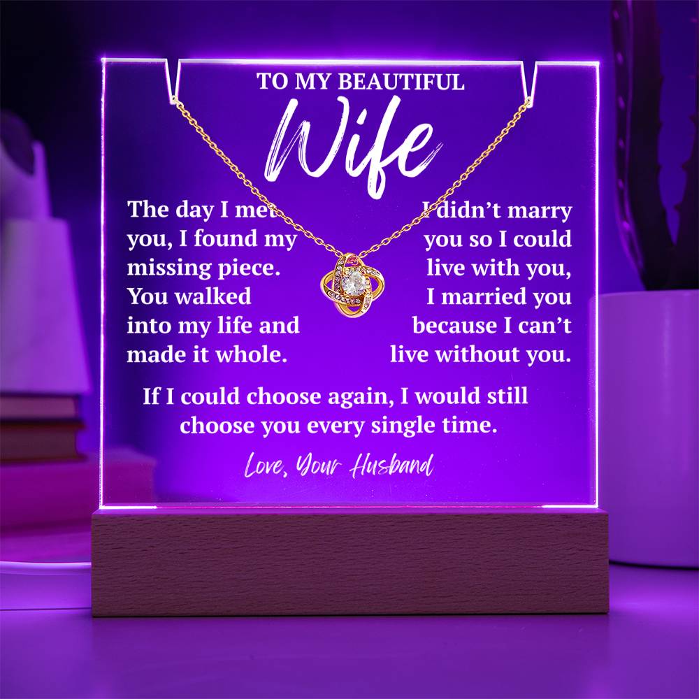 To My Amazing Wife 18k yellow gold Love Knot necklace with purple LED acrylic plaque.