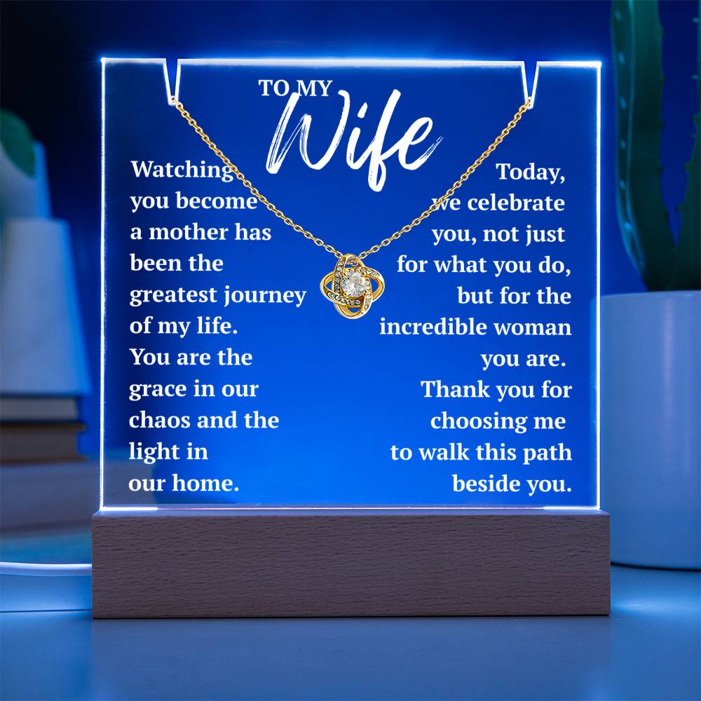 18k yellow gold Love Knot necklace and "To My Wife" acrylic plaque with a midnight blue LED glow, perfect for home decor.